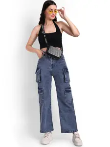 BROADSTAR Women Smart Wide Leg High-Rise Clean Look Heavy Fade Stretchable Cargo Jeans