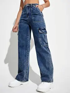 BROADSTAR Women Smart Wide Leg High-Rise Light Fade Stretchable Cargo Jeans
