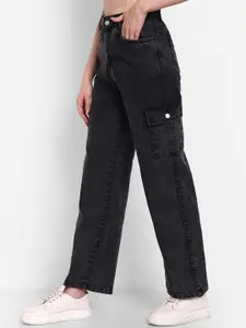 BROADSTAR Women Smart Wide Leg High Rise Clean Look Light Fade Stretchable Cargo Jeans