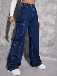 BROADSTAR Women Smart Wide Leg High-Rise Stretchable Cargo Jeans