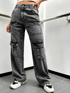BROADSTAR Women Black Smart Wide Leg High-Rise Heavy Fade Stretchable Cargo Jeans