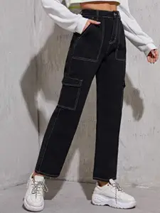 BROADSTAR Women Smart Wide Leg High-Rise Clean Look Stretchable Cargo Jeans