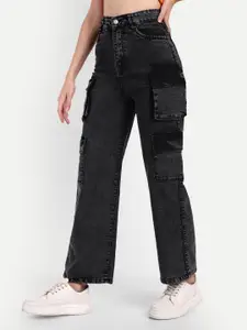 BROADSTAR Women Smart Wide Leg High-Rise Light Fade Clean Look Stretchable Cargo Jeans