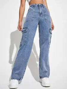 BROADSTAR Women Smart Wide Leg High-Rise Clean Look Light Fade Stretchable Cargo Jeans