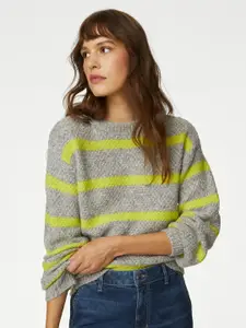 Marks & Spencer Women Lime Green & Grey Striped Pullover
