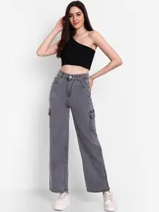 Next One Women Smart Wide Leg High-Rise Cotton Stretchable Cargo Jeans