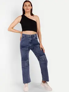 Next One Women Smart Wide Leg High-Rise Heavy Fade Stretchable Cargo Jeans