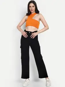 Next One Women Black Smart Wide Leg High-Rise Stretchable Cargo Jeans