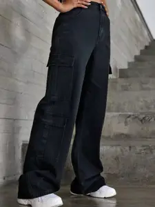 Next One Women Black Smart Wide Leg High-Rise Clean Look Cotton Stretchable Cargos