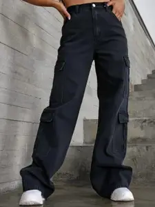 Next One Women Smart Wide Leg High-Rise Clean Look Light Fade Stretchable Cargo Jeans