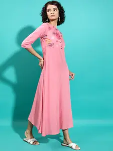 Vishudh Pink Floral Printed A-Line Midi Dress