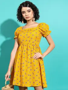 Vishudh Mustard Yellow Floral Printed Square Neck Puff Sleeves Smocked Fit & Flare Dress