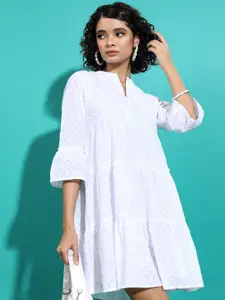 Vishudh White Embroidered Bell Sleeves Tiered A-Line Dress