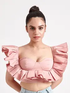 THE CLOTHING FACTORY Sweetheart Neck Flutter Sleeves Ruffled Fitted Crop Top