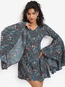 Tokyo Talkies Ethnic Motif Printed V Neck Bell Sleeve Fit And Flare Mini Dress