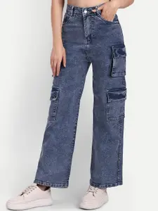 BROADSTAR Women Smart Wide Leg High Rise Clean Look Heavy Fade Stretchable Cargo Jeans