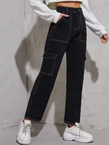 BROADSTAR Women Black Smart Wide Leg High-Rise Stretchable Cargo Jeans