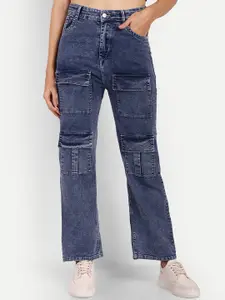 BROADSTAR Women Smart Wide Leg Fit High-Rise Clean Look Heavy Fade Stretchable Cargo Jeans