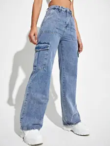 Next One Women Smart Wide Leg High-Rise Heavy Fade Stretchable Cargo Jeans