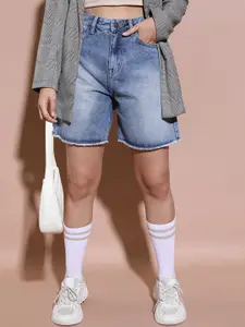 Tokyo Talkies Women Washed Mid-Rise Cotton Denim Shorts