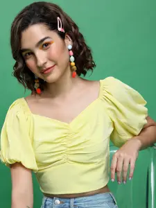 Tokyo Talkies Yellow Sweetheart Neck Puffed Sleeves Ruched Crop Top