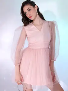 Tokyo Talkies V-Neck Puff Sleeve Fit & Flare Dress