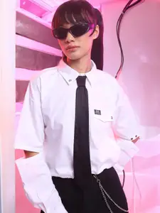 Street By Tokyo Talkies White Opaque Cut Outs Cotton Casual Shirt