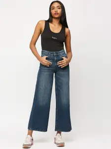 Pepe Jeans Women Wide Leg High-Rise Whiskers and Chevrons Stretchable Jeans