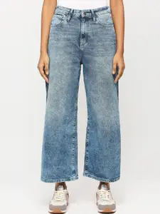 Pepe Jeans Women Wide Leg High-Rise Heavy Fade Clean Look Whiskers Stretchable Jeans