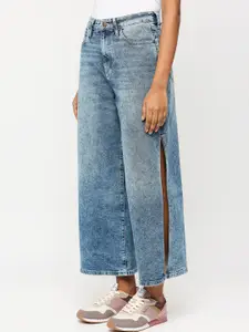 Pepe Jeans Women Wide Leg High-Rise Heavy Fade Clean Look Whiskers Stretchable Jeans
