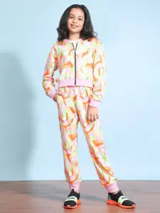 Ninos Dreams Girls Abstract Printed Relaxed Fit Pure Cotton Bomber Jacket & Joggers