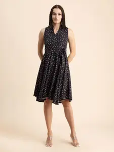 Moomaya Conversational Printed Tie Ups Fit & Flare Dress