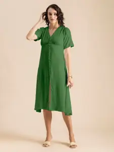 Moomaya V-Neck Front Slit Empire Midi Dress