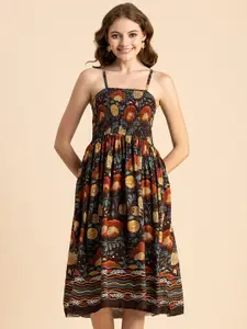 Moomaya Floral Printed Smocked Fit & Flare Dress