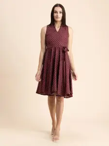Moomaya Polka Dot Printed V-Neck Crepe Fit & Flare Dress