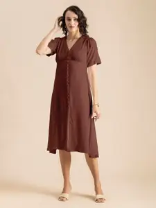 Moomaya V-Neck Front Slit A-Line Midi Dress