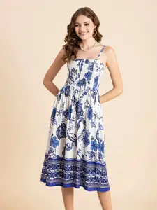 Moomaya Floral Printed Shoulder Straps Smocked Fit & Flare Dress