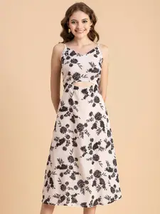 Moomaya Floral Printed Shoulder Straps Cut-Outs Fit & Flare Midi Dress
