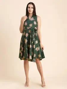 Moomaya Floral Printed Mandarin Collar Fit & Flare Dress