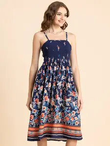 Moomaya Floral Printed Shoulder Straps Smocked Fit & Flare Dress
