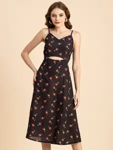Moomaya Floral Printed Cut Outs Fit & Flare Dress