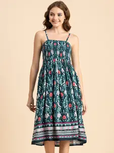 Moomaya Floral Printed Shoulder Straps Smocked A-Line Dress