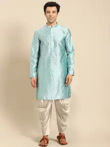 Anouk Turquoise Blue Geometric Embroidered Mandarin Collar Straight Kurta with Dhoti Pants