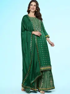 Sangria Green Ethnic Motifs Printed Sequined Foil Straight Kurta With Skirt & Dupatta
