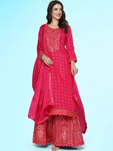 Sangria Pink Ethnic Motifs Printed Thread Work Foil Straight Kurta With Skirt & Dupatta