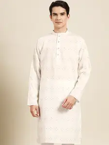 MANQ Woven Design Mandarin Collar Pure Cotton Straight Kurta