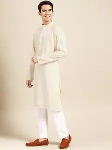 MANQ Ethnic Motifs Woven Design Mandarin Collar Pure Cotton Straight Kurta