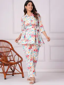 KALINI Floral Printed Shirt Collar Top With Tie Up Belt And Printed Trousers Co-Ords
