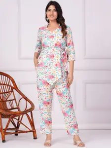 KALINI Floral Printed Collar Top With Tie up Belt And Printed Trousers Co-Ords