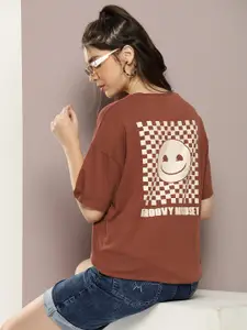 Kook N Keech Graphic Smiley Printed Drop-Shoulder Sleeves Pure Cotton Oversized T-shirt